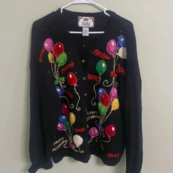 Tiara International Millennium Sweater New Year Knit Cardigan Size Large Vintage - Picture 1 of 6